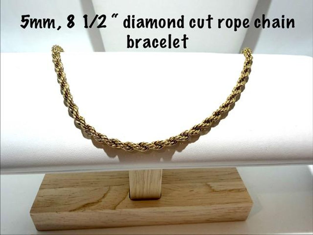 Beautiful, 5MM, 8 1/2 Inch, 24kt Gold Filled, Diamond Cut Rope Chain Bracelet
