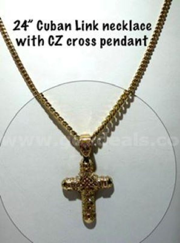 Gorgeous, 24kt Gold Filled, 24 Inch Cuban Link Chain W/CZ Bling Diamond Cross