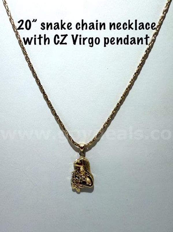 Beautiful, 20 Inch, 24kt Gold FIlled, Snake Chain Necklace W/CZ Virgo Pendant