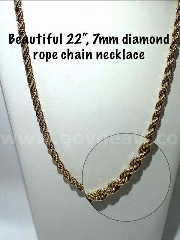 Beautiful 22 Inch, 24kt Gold Filled, 7MM, Diamond Cut Rope Chain Necklace