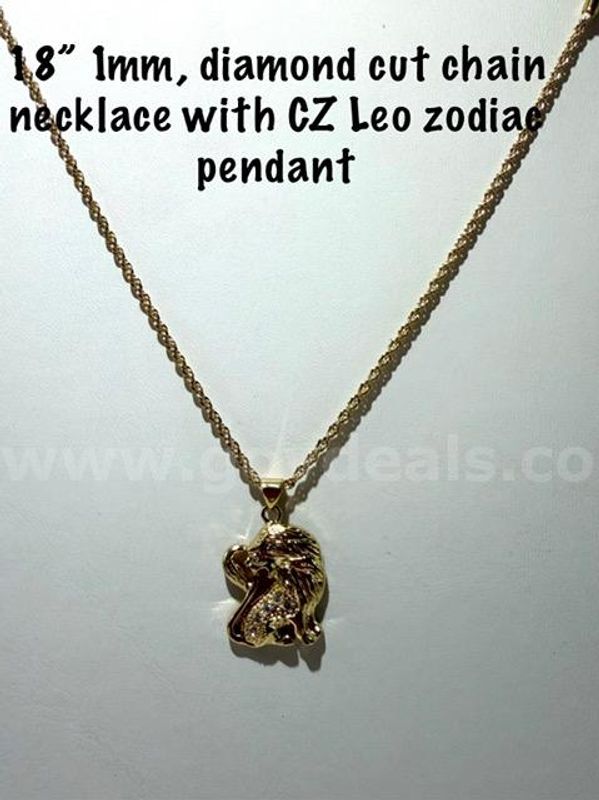 1MM, 18 Inch, 24kt Gold Filled, Diamond Cut Rope Chain W/CZ Leo Zodiac Pendant