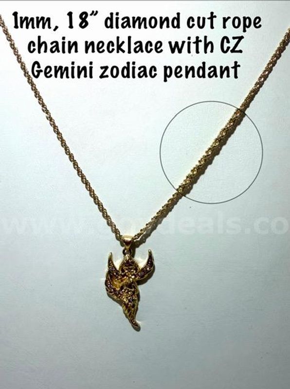 1MM, 18 Inch, 24kt Gold Filled, Diamond Cut Rope Chain, W/CZ Gemini Zodiac Pendant