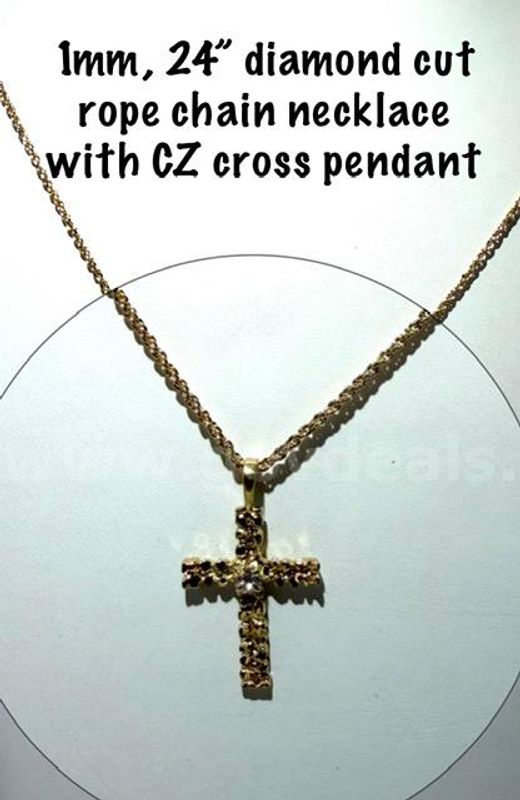 Gorgeous, 1MM, 24 Inch, Diamond Cut 24kt Gold Filled, Rope Chain W/CZ Diamond Cross Pendant