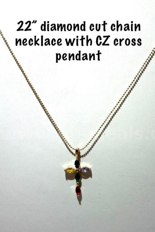 Beautiful, 24kt Gold Filled, 22 Inch, Beaded Necklace W/CZ Cross Pendant