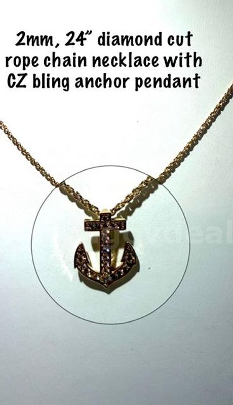 Cubic Zirconia Diamond Bling Anchor Pendant, W/2MM, 24 Inch, 24kt Gold Filled, Diamond Cut Rope Chain