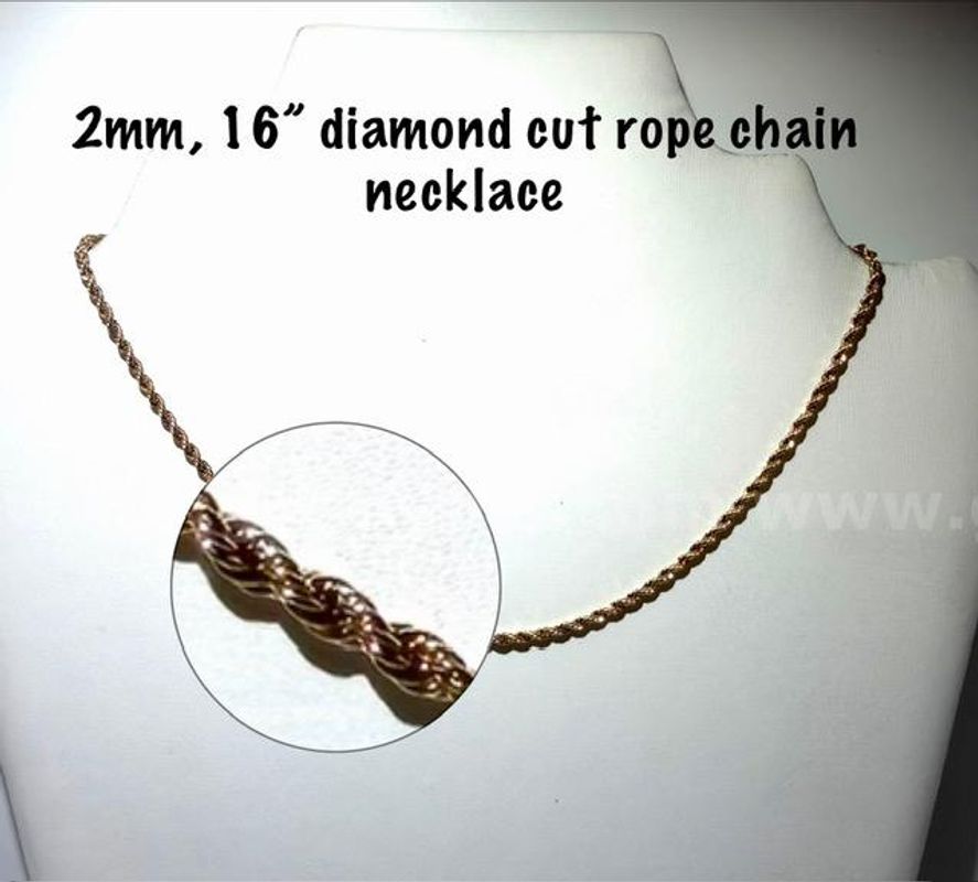 Beautiful, 2MM, 16”, Diamond Cut, 24kt Gold Filled, Rope Chain Necklace