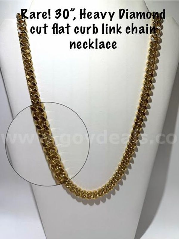 24kt Gold Filled, Heavy, 30 Inch, Flat Curb Link, Diamond Etched Chain