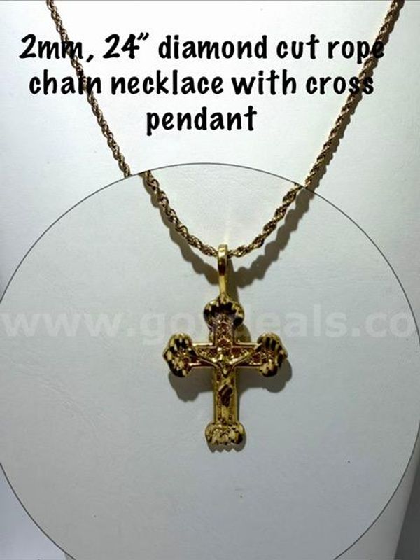 2MM, 24 Inch, 24kt Gold Filled, Diamond Cut Rope Chain W/Cross Pendant