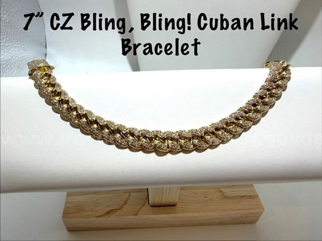 Beautiful, 24kt Gold Filled, 7 Inch, CZ Diamond Bling Bling Cuban Link Bracelet