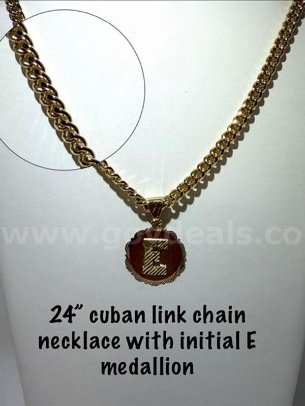 Beautiful, 24 Inch, 24kt Gold Filled, Cuban Link Chain, W/"E" Initial Medallion