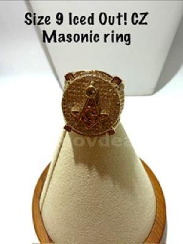 Beautiful, Men's, Size 9, 24kt Gold Filled, CZ Diamond Iced Bling Masonic Ring