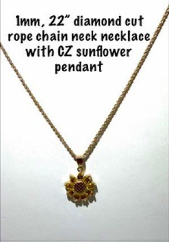 1MM, 22 Inch, 24kt Gold Filled, Diamond Cut Rope Chain W/CZ Sunflower Pendant