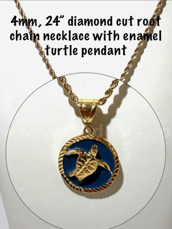 4MM, 24 Inch, Diamond Cut, 24kt Gold Filled, Rope Chain W/Enamel Turtle Pendant