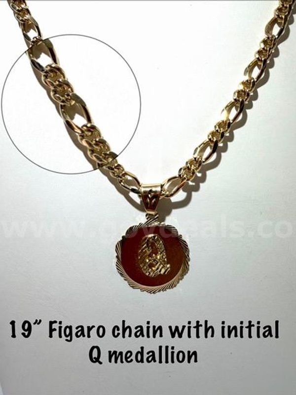 Beautiful, 24kt Gold Filled, 19", Figaro Chain Necklace W/Initial "Q" Medallion