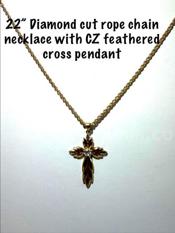Adorable, 1MM, 22 Inch, 24kt Gold Filled, Diamond Cut Rope Necklace W/CZ Feathered Cross Pendant