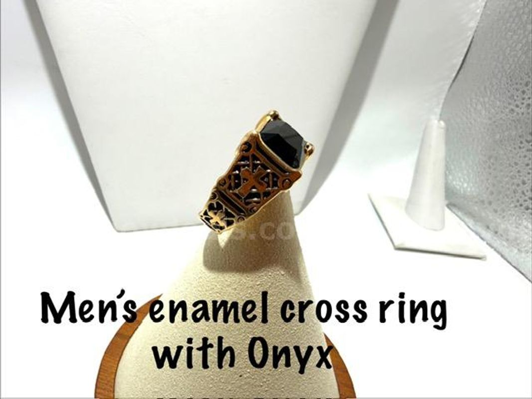 Gorgeous, Men's, 24kt Gold Filled, Size 11, Onyx Enamel Cross Ring