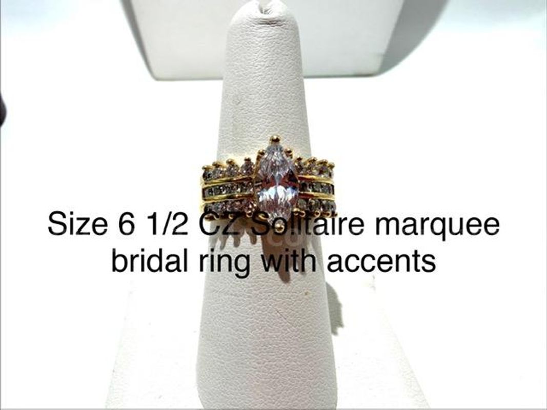Amazing, Ladies, Size 6 1/2, 24kt Gold Filled, 3 Carat CZ, Marquee Diamond Bridal Ring W/Accents