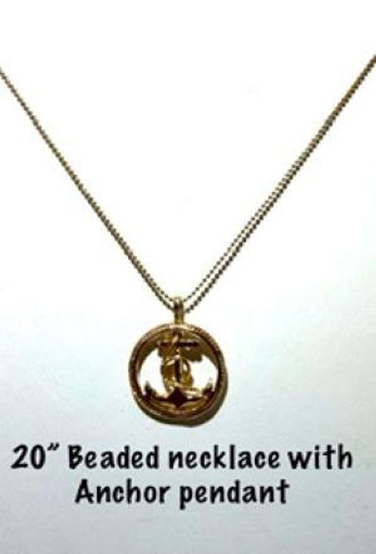 Pretty, 20 Inch, 24kt Gold Filled, Beaded Chain Necklace W/Anchor Pendant