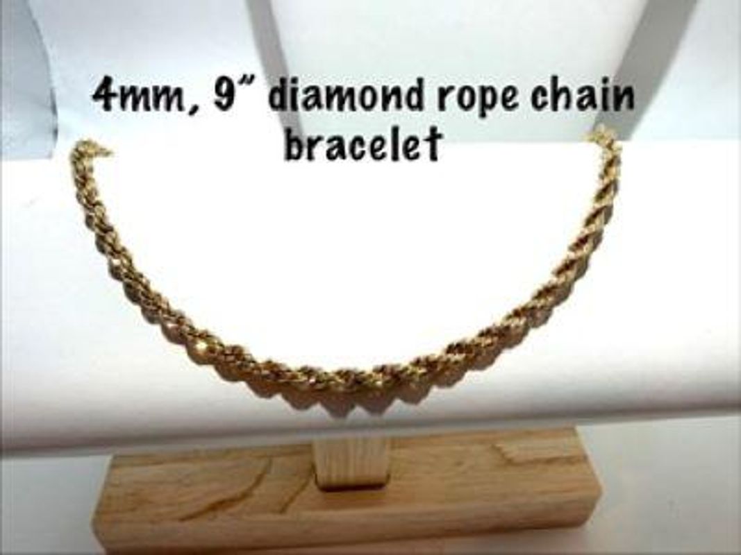4MM, 9 Inch, 24kt Gold Filled, Diamond Cut Rope Chain Bracelet
