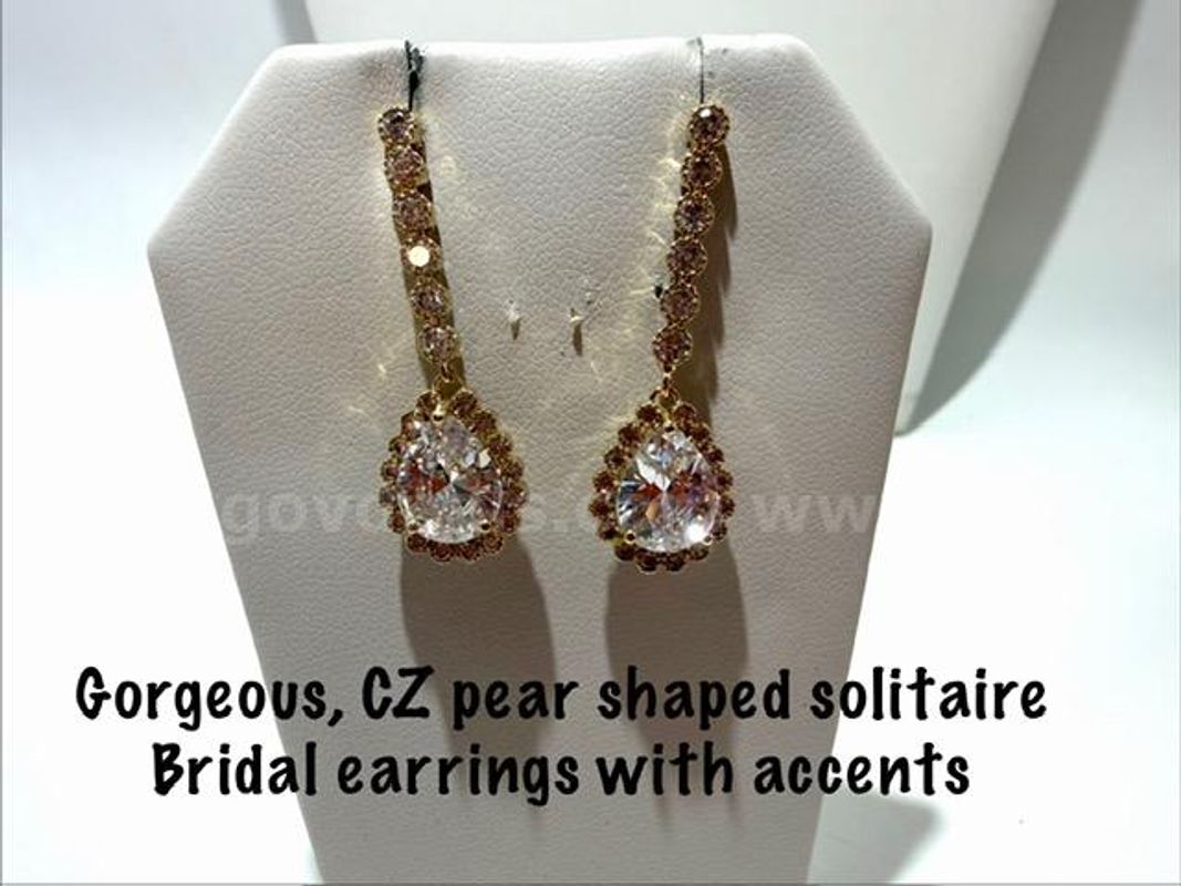 24kt Gold Filled, CZ Pear-Shaped Diamond Solitaire Bridal Earrings W/Accents