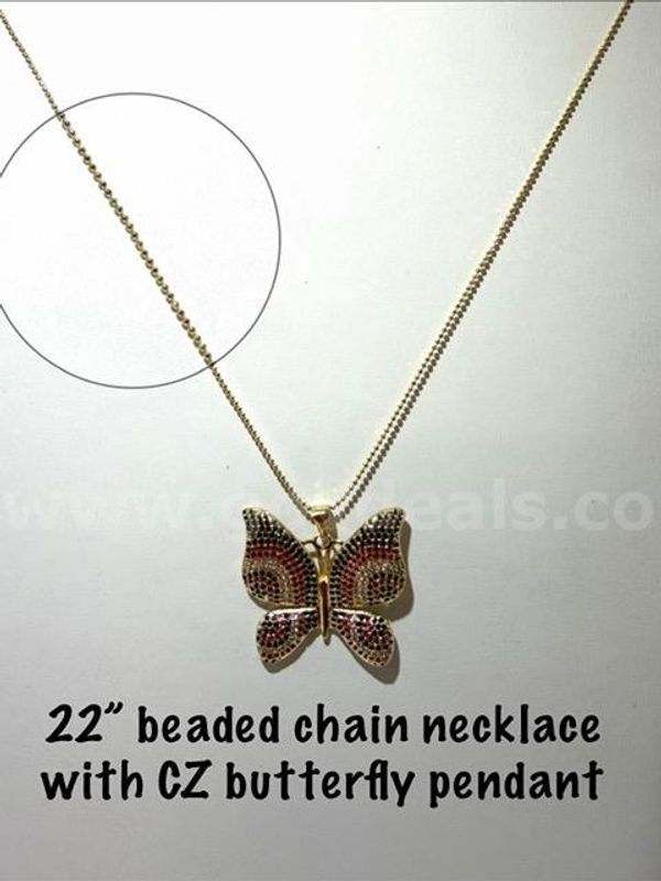Exquisite, 22 Inch, Beaded, 24kt Gold Filled Necklace, W/CZ Stone Butterfly Pendant