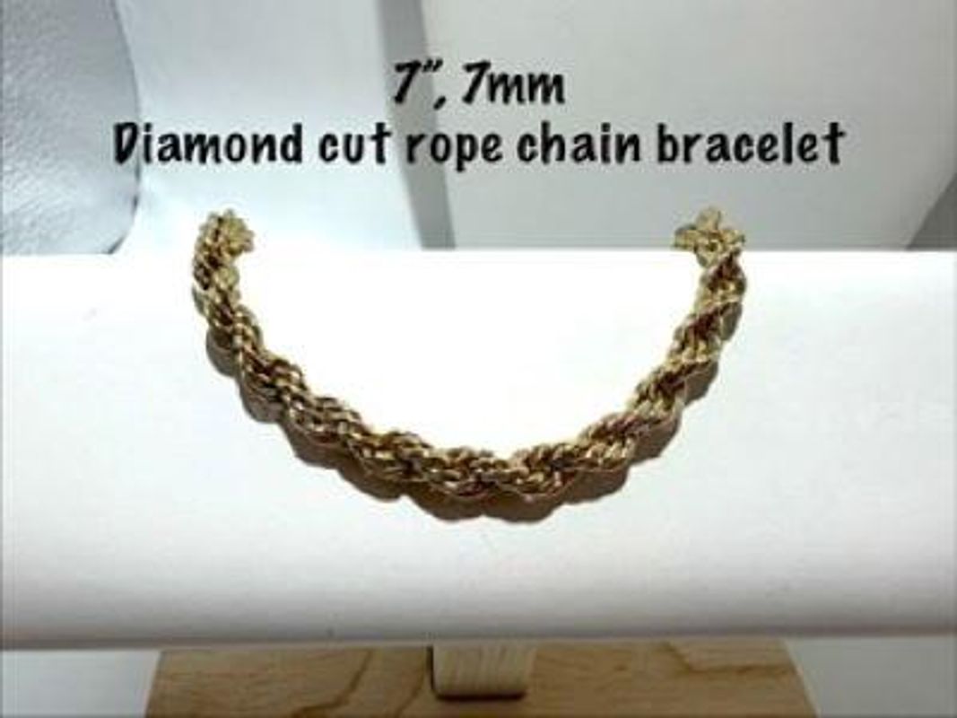 Stunning, 7MM, 7”, Diamond Cut, 24kt Gold Filled, Rope Chain Bracelet