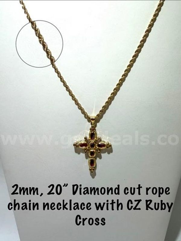 Breathtaking, 20”, 24kt Gold Filled, Diamond Cut Rope Necklace, W/CZ Ruby Cross Pendant
