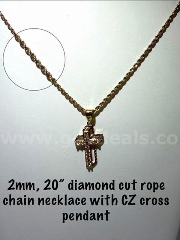 Lovely, 20 Inch, 2MM, 24kt Gold Filled, Diamond Cut Rope Chain W/CZ Ruby Cross