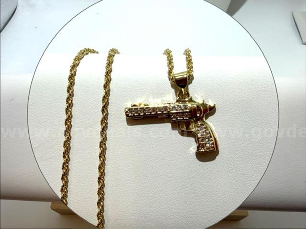 1MM, 16 Inch, 24kt Gold Filled, Diamond Cut Rope Chain W/CZ Gun Pendant
