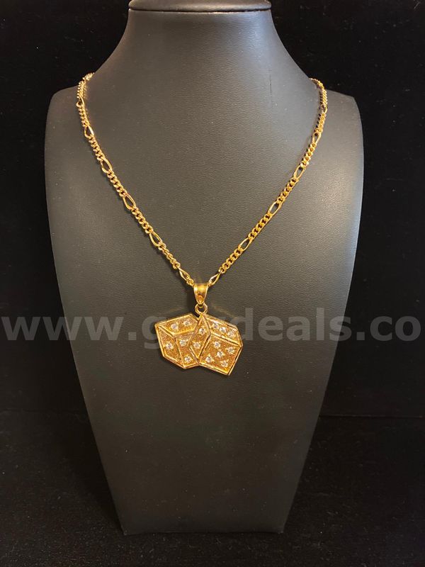 Gorgeous, 24”, Figaro Chain Necklace W/ 1 3/4” CZ Dice Pendant, 24K Real Gold Filled.