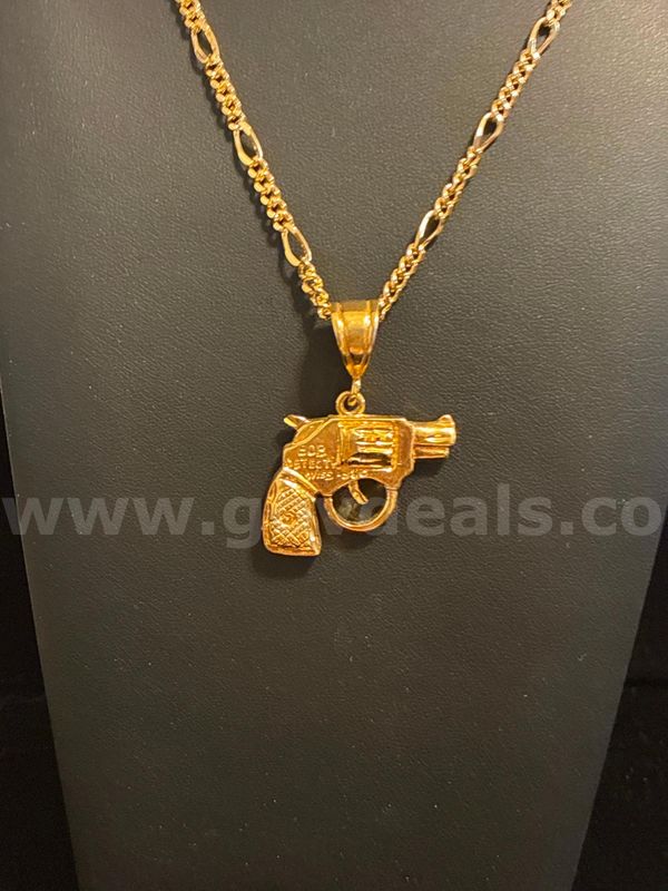 Gorgeous, 20” Figaro Chain Necklace W/ 2” Pistol Pendant, 24K Real Gold Filled.