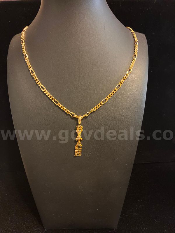 Beautiful, 24”,Figaro Chain Necklace W/ 1 3/4” BITCH Pendant, 24K Real Gold Filled.