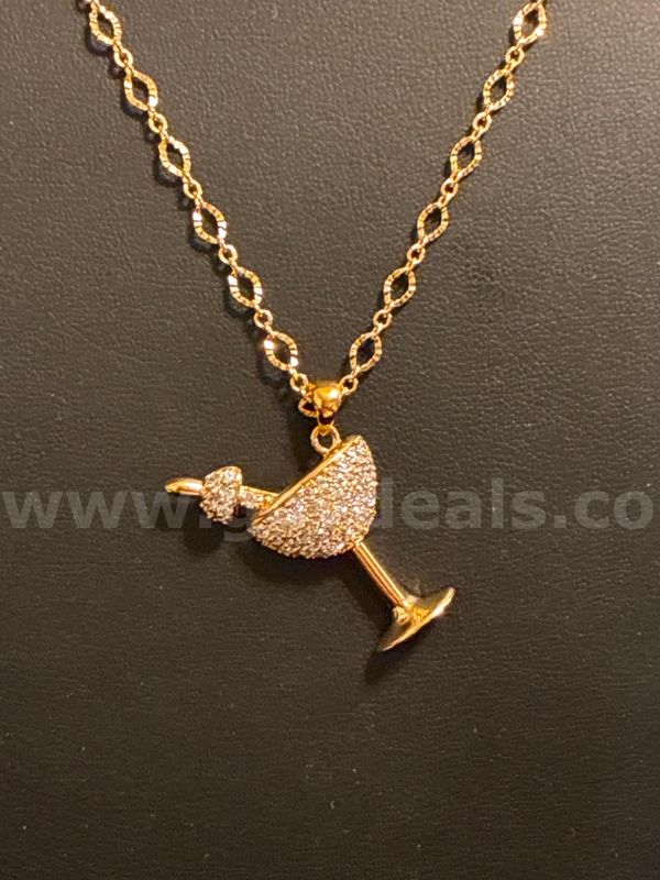 Vacation Ready! 18” Small Oval Link Chain Necklace W/ CZ Martini Pendant. 24K Real Gold Filled.