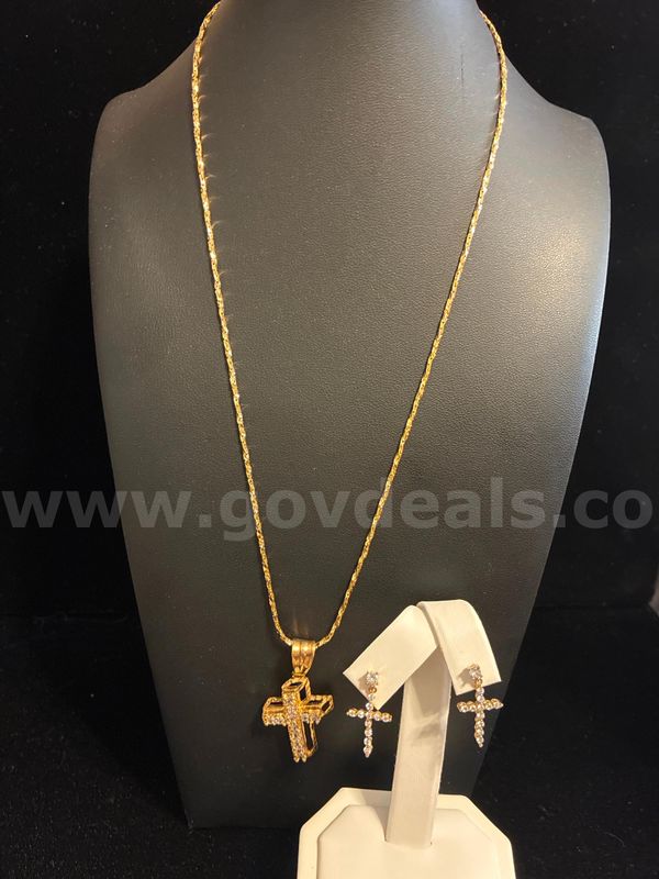 Beautiful 20” CZ Cross Necklace Set CZ, Earrings 24K Real Gold Filled.