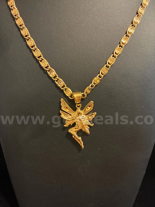 Beautiful, 24”, Diamond Cut Scroll Necklace w/ 1 3/4” Fairy Pendant, 24K Gold Filled.