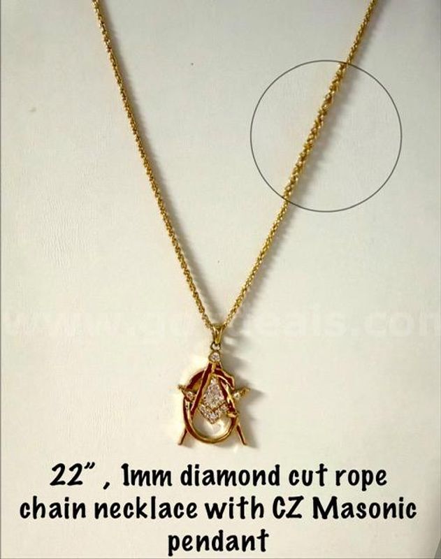 1MM, 22”, 24kt Gold Filled, Diamond Cut Rope Chain, W/CZ Masonic Pendant