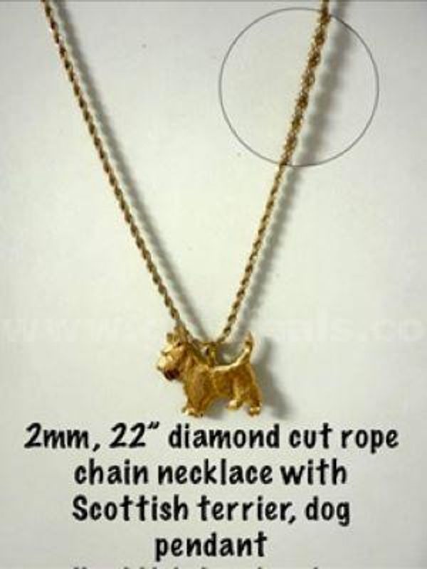 2MM, 22 Inch, 24kt Gold Filled, Diamond Cut Rope Chain, W/Scottish Terrier Gog Pendant