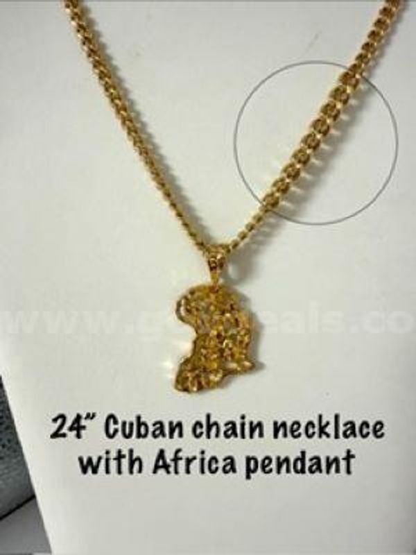 24 Inch, 24kt Gold Filled, Cuban Link Chain W/Africa Pendant