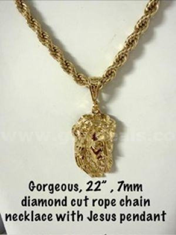 Dazzling, 7MM, 22”, 24kt Gold Filled, Diamond Cut Rope Chain, W/Jesus Pendant