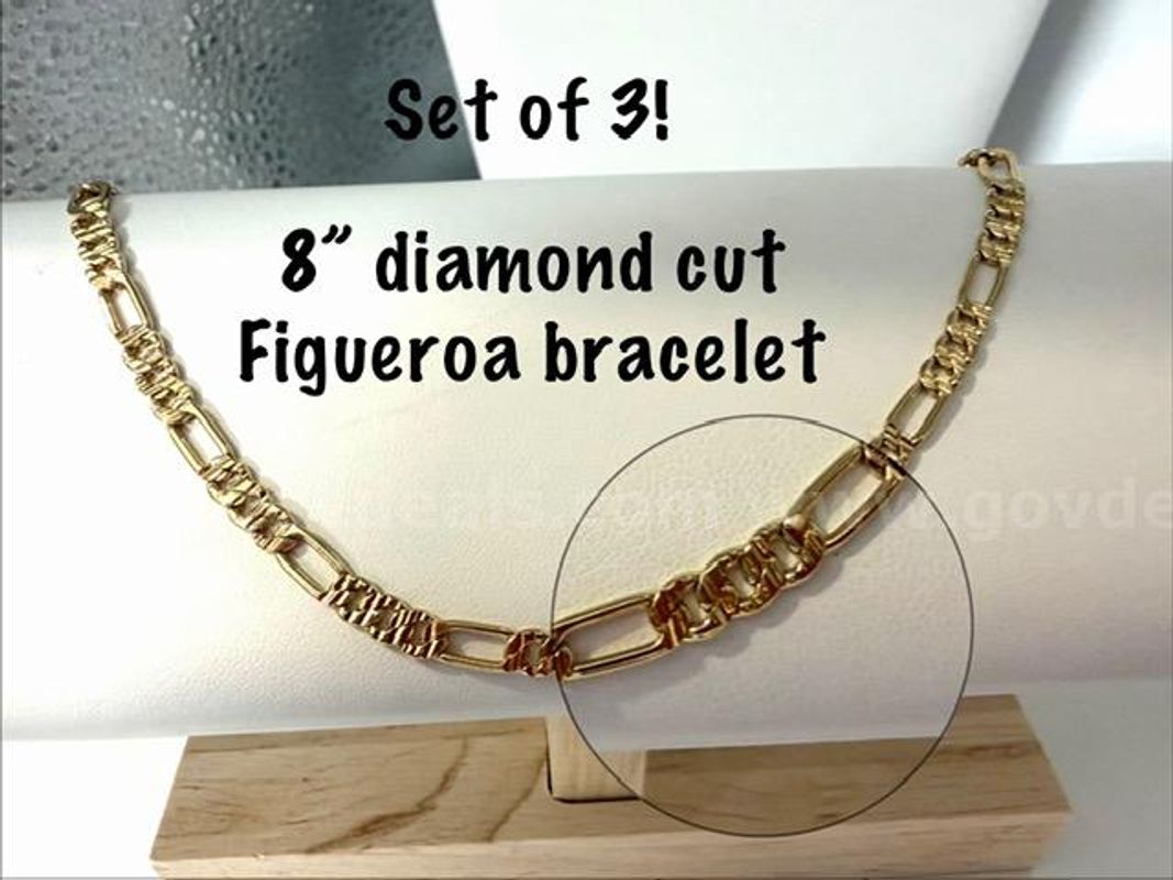Set of (3), Radiant, 24kt Gold Filled, Diamond Cut, 8 Inch Figaro Bracelets