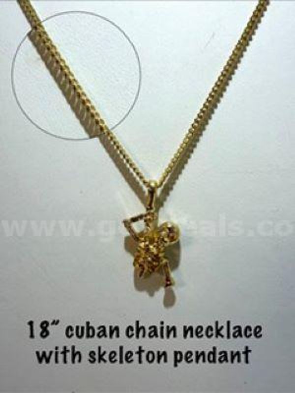Unique, 18 Inch, 24kt Gold Filled, Cuban Link Chain W/Skeleton Pendant