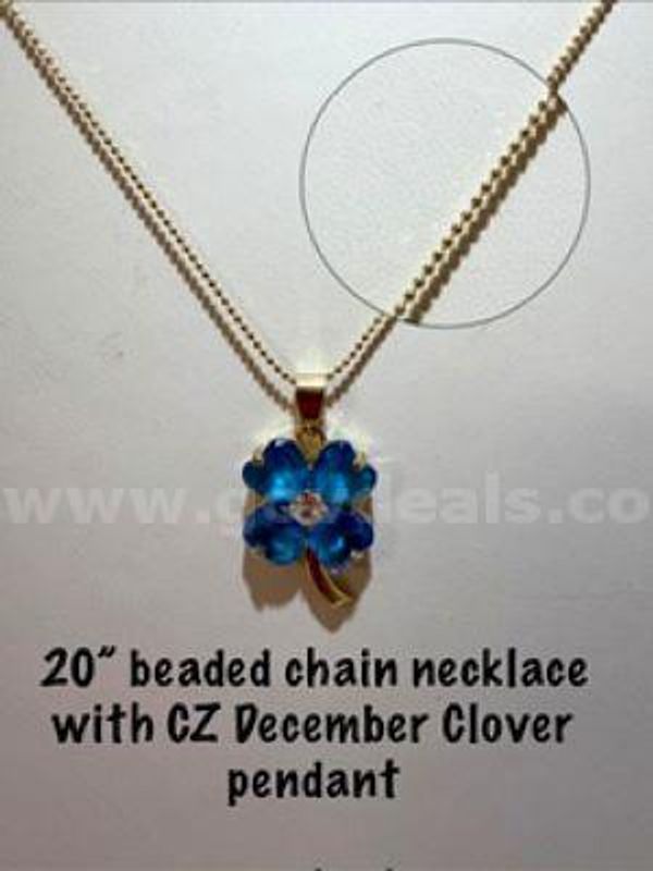 Gorgeous, 20", Beaded 24kt Gold Filled Chain Necklace, W/December Birthstone Cubic Zirconia Clover Pendant