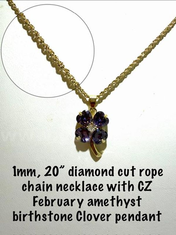 Dazzling, February CZ Birthstone Clover Pendant, W/1MM, 20 Inch, 24kt Gold Filled, Diamond Cut Rope Necklace