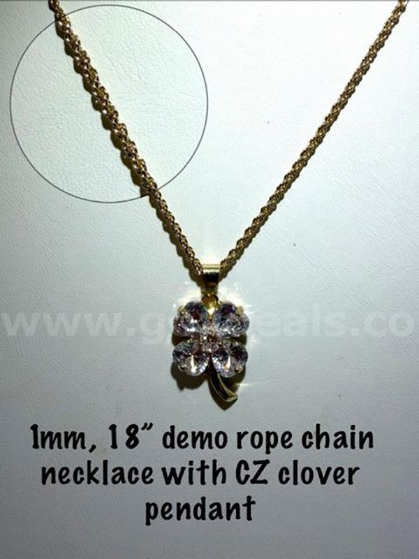 Exquisite, 24k Gold Filled, April Birthstone, CZ Clover Pendant, W/1MM, 18" Diamond Cut Rope Chain