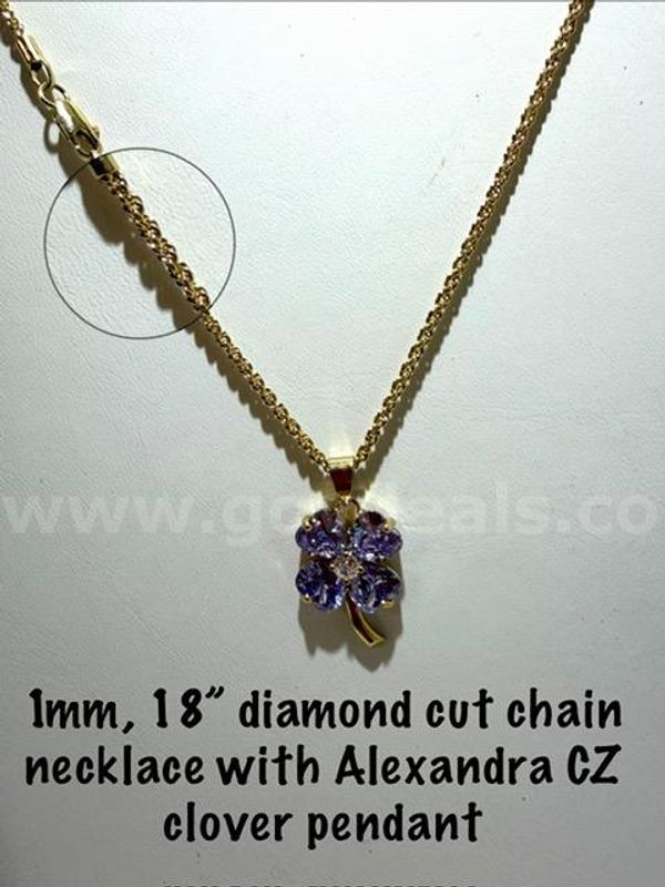 18 Inch, 24kt Gold Filled, 1MM Diamond Cut Rope Chain, W/CZ Alexandria Clover Pendant