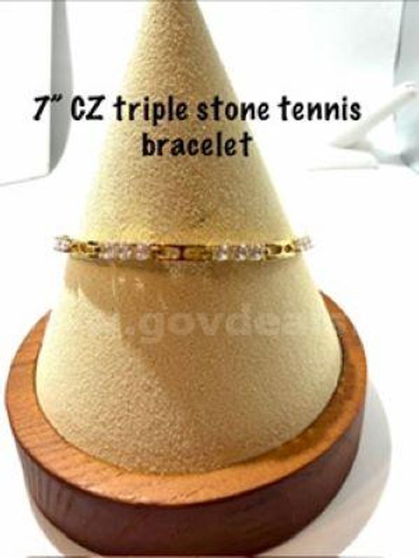 Dazzling, 8 Inch, 24kt Gold Filled, CZ Triple Stone Diamond Tennis Bracelet