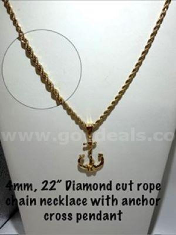 Magnificient, 24kt Gold Filled, Anchor Pendant, W/22", 4MM Diamond Cut Rope Chain
