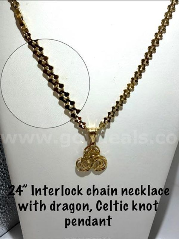 Gorgeous, 24 Inch, Interlocking, 24kt Gold Filled Chain W/Dragon Celtic Knot Pendant