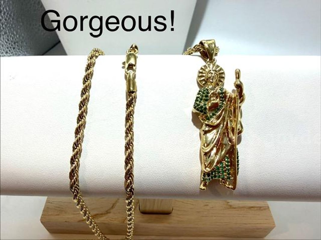 Dazzling, 24kt Gold Filled CZ Saint Jude Pendant, W/4MM, 24 Inch Diamond Cut Rope Chain