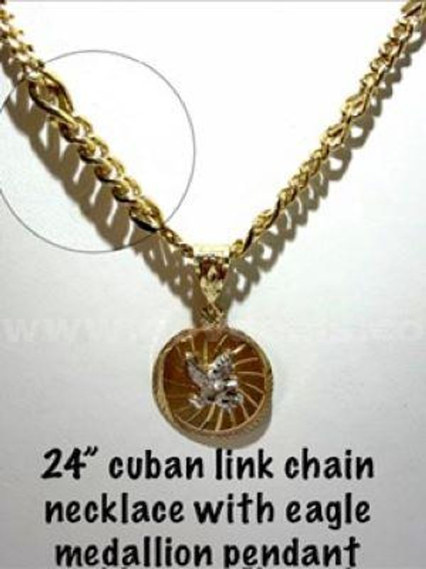 Beautiful, 24kt Gold Filled, Eagle Medallion, W/24" Inch, Cuban Link Chain